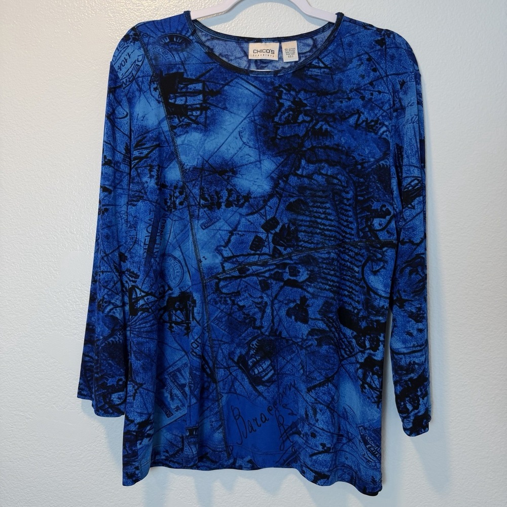 Y2K Chicos Travelers Size-3 Womens Top Knit Blue Abtrsact 3/4‎ Sleeve